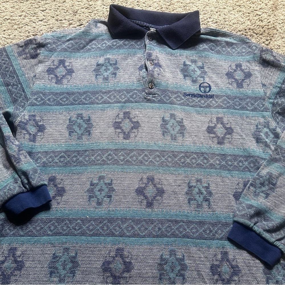Sergio Tacchini Navy and Gray Patterned Polo Shirt